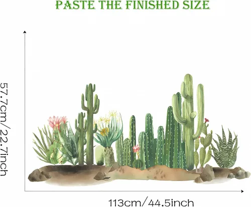 Vista 6 de Calcomanías de pared de vegetación verde de cactus, dunas de arena tropical, calcomanías de pared de plantas verdes, vinilo extraíble para sala