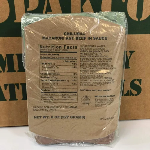 Vista 5 de Sopakco MRE Meals Ready-to-Eat Caja de 14 ct 10/20 Inspeccionar lote 7280 Reducido de sodio Compacto para llevar Nutrición estable