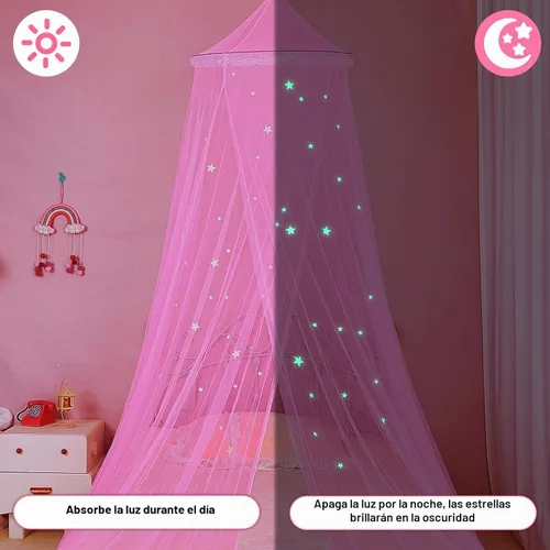 Vista 4 de FIOBEE Toldo de Cama para Habitación de Niñas, Cortinas de Dosel con Luces LED, Mosquitero con Red de Malla, Decoración DIY de Habitación