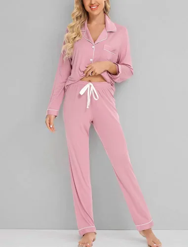 Vista 6 de Leikar Button Up Pajamas For Women Long Sleeve Viscose Soft Pjs Lounge bean paste