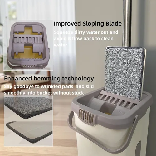 Vista 3 de Juego de trapeador plano y cubo con escurridor para limpieza de pisos, separa el agua sucia y limpia, trapeador limpiador de pared, 4 almohadillas