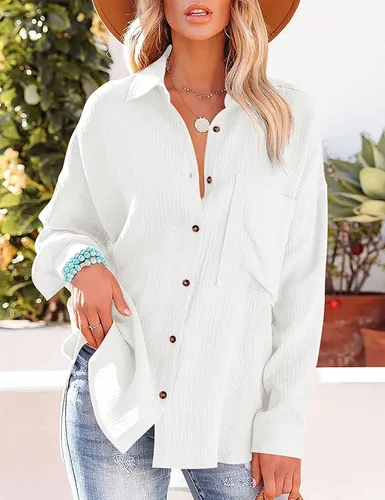 Vista 2 de Mingzhu Blusa de gasa con botones de algodón de gran tamaño para mujer, con cuello y manga larga