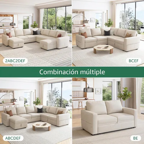 Vista 4 de HONBAY Sofá seccional modular con cama extraíble, sofá cama con forma de U extraíble con secciones de almacenamiento para sala de estar - Beige