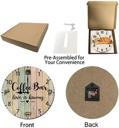 Vista 5 de Reloj de pared para cafetería, decoración de pared, funciona con pilas, sin tictac, cuarzo silencioso, analógico, rústico, rústico, reloj redondo