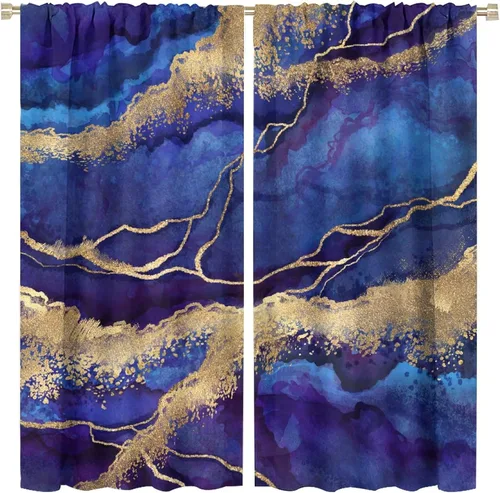 Vista 56 de Cortinas abstractas de mármol de lujo de lujo azul marino dorado a rayas con patrón de mármol estampado para dormitorio, sala de estar, cortinas