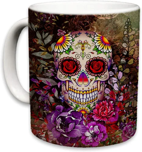 Vista 10 de Sweet Gisele Taza de cerámica de calavera de azúcar, taza de café con estampado floral, diseño del Día de los Muertos, hermosos colores vivos, gran