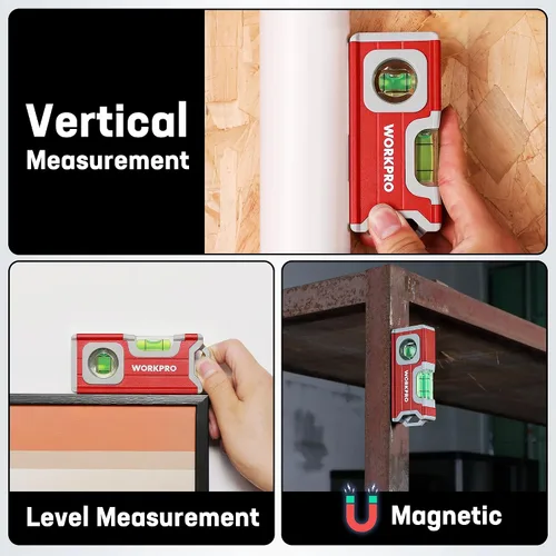 Vista 7 de WORKPRO Nivel pequeño, mini herramienta de nivel de 4-1/2 pulgadas, nivel de bolsillo magnético con 2 burbujas diferentes 90°/180°, construcción
