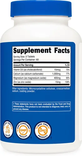 Vista 5 de Nutricost Tabletas de calcio, magnesio y zinc de 1,415 mg, 180 tabletas – Suplemento de mezcla de vitaminas y minerales, 60 porciones – Sin gluten