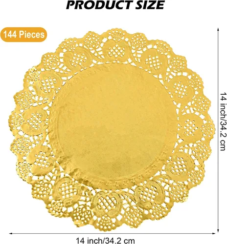 Vista 2 de MCEAST 144 manteles individuales redondos de 14 pulgadas de encaje dorado desechables para pasteles, manualidades, fiestas, bodas, decoración