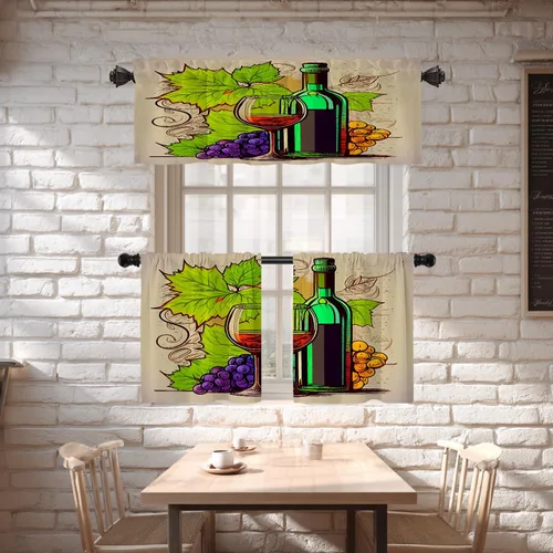 Vista 2 de Shrahala Cortinas opacas con diseño de uvas maduras de dibujos animados, copa de vino y botella, cenefa de cocina, cortinas de bloqueo de luz