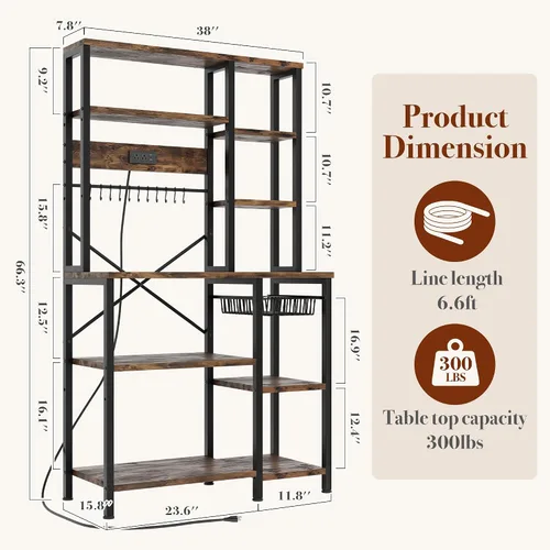 Vista 3 de GRUSIGN Estante para hornear de cocina con almacenamiento, estación de barra de café de 6 niveles con toma de corriente, soporte para microondas