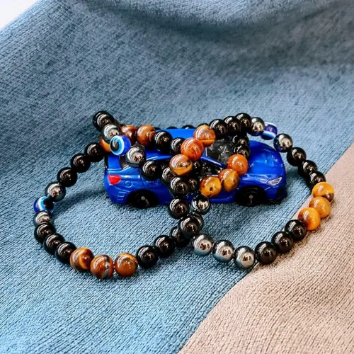 Vista 82 de Pulseras de triple protección con piedra de ojo de tigre de obsidiana negra con hematita para hombres y mujeres, pulsera de piedra curativa