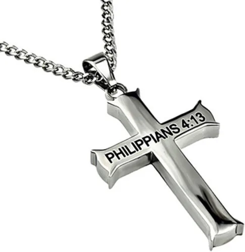 Vista 2 de Joyería de Filipenses 4:13, collar de cruz, versículo bíblico de fuerza de acero inoxidable con cadena de bolas