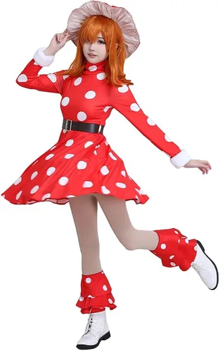 Vista 2 de miccostumes Disfraz de héroe de anime para mujer, disfraz de cosplay de cuello alto de hongo rojo con sombrero