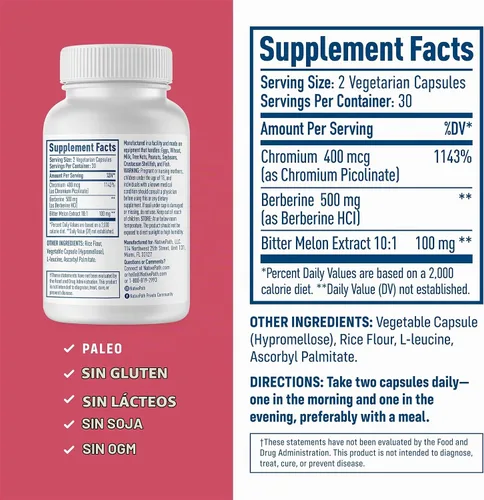 Vista 5 de NativePath Berberina HCl 500mg con cromo, 60 cápsulas