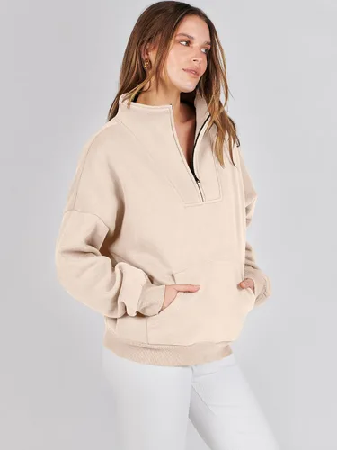 Vista 6 de ANRABESS Sudaderas con media cremallera para mujer, sudaderas cortas de gran tamaño, con cremallera de un cuarto, suéter de forro polar, suéter