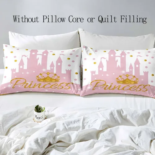 Vista 4 de LUVIVIHOME Juego de funda de edredón de castillo rosa claro de 2 piezas, funda de edredón blanca, ropa de cama para adolescentes, ropa de cama