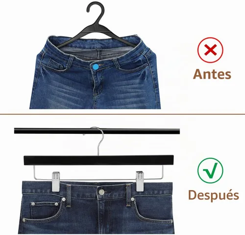 Vista 5 de AMKUFO 20 piezas de perchas de madera para pantalones, perchas sólidas para pantalones con clips ajustables de 14 pulgadas, perchas de madera negra