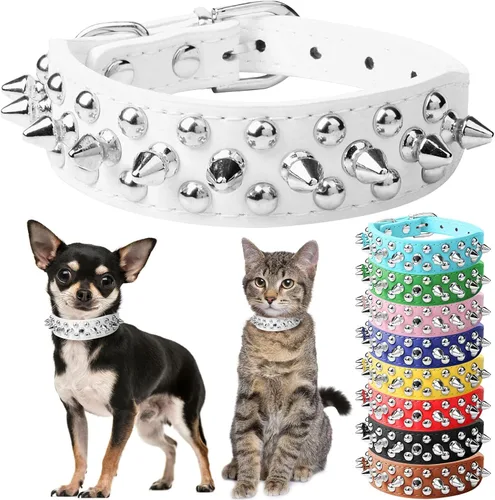 Vista 24 de Collar de perro y gato negro con púas pequeñas para perros pequeños y medianos machos – Collar ajustable con tachuelas – Collar de cuero punk