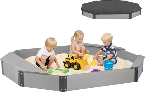 Vista 12 de Cajón de arena de 64"x56"x8.5" octogonal con cubierta para juegos al aire libre de niños, arenero grande de madera con 4 bancos, instalación rápida