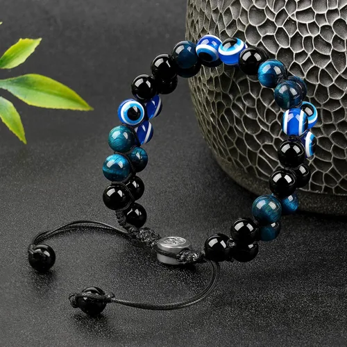 Vista 10 de Pulsera de triple protección, ojo de tigre malvado de ojo y obsidiana negra de 0.315 in, pulsera curativa para hombres y mujeres, pulsera curativa