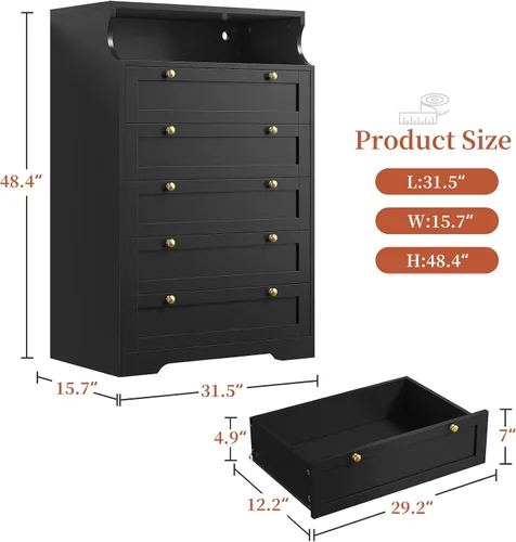 Vista 2 de EnHomee Black Dresser with 5 Drawers for Bedroom,Tall Dresser with LED Lights and 2 Shelves,Dressers & Chests of Drawers for Hallway,Entryway,Black