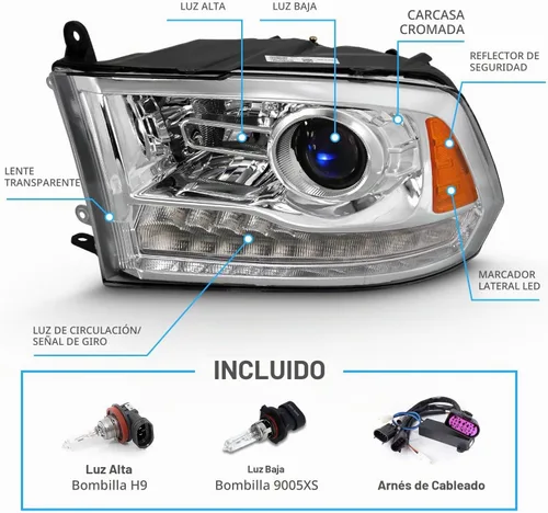 Vista 5 de AmeriLite - Conjunto de faros delanteros de repuesto para Dodge Ram 1500 2500 3500, modelos de proyector dual/cuadruple Switchback, tubo LED cromo