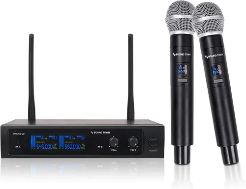 Vista 6 de Sound Town Sistema de micrófono inalámbrico UHF profesional de 4 canales con receptor de metal montado en estante y 4 micrófonos de mano