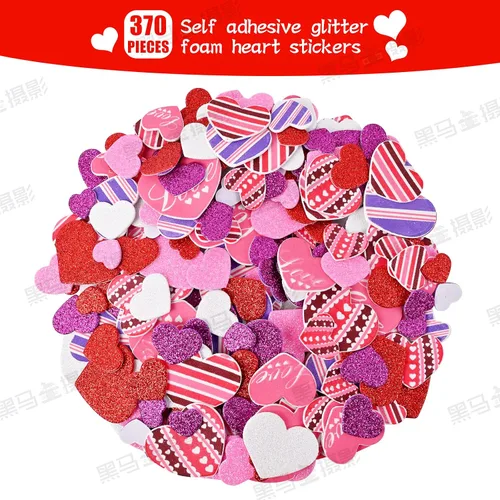 Vista 3 de El kit de 386 calcomanías de corazón de espuma de San Valentín incluye 370 calcomanías de corazón autoadhesivas con purpurina y 16 corazones
