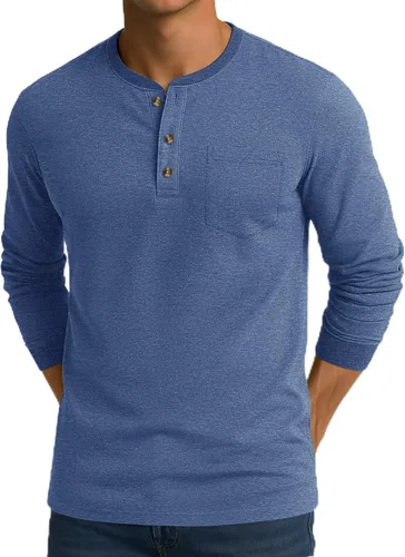 Vista 14 de CRYSULLY Camisa de manga larga para hombre, de algodón, con bolsillo de 3 botones, camisetas casuales elegantes ligeras tipo pullover