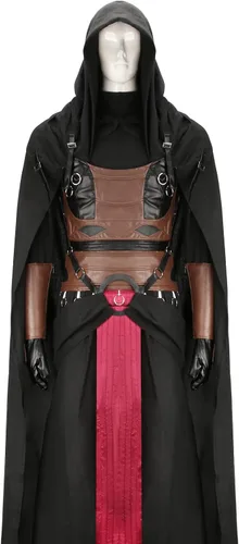 Vista 5 de Disfraz de caballero Darth Revan para hombre, conjunto completo, túnica con capucha, capa negra, uniforme de batalla, medieval para Halloween