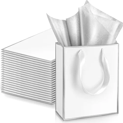 Vista 26 de Yeaqee Paquete de 24 bolsas de regalo de papel metálico con asa y tejido de 9 x 7 x 3.1 pulgadas, papel de aluminio dorado, bolsas de agradecimiento
