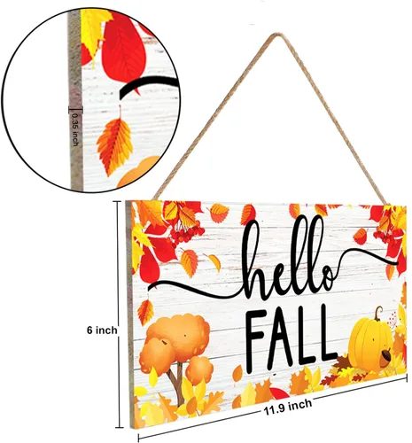 Vista 2 de Letrero decorativo con texto en inglés "Hello Fall", decoración de madera de otoño de 11.9 x 6 pulgadas, colgante de pared rústico de otoño