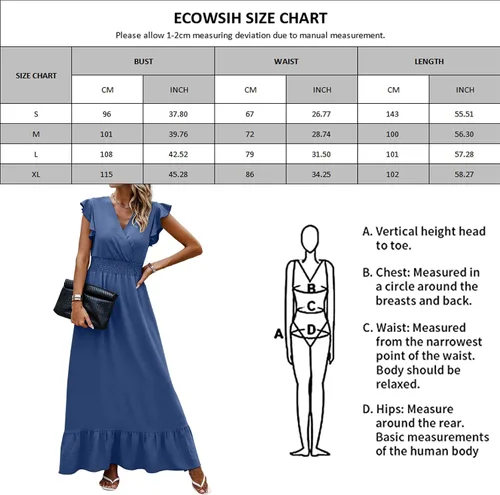 Vista 4 de ECOWISH Vestido largo para mujer, manga casquillo, estilo bohemio, cuello en V, vestidos largos