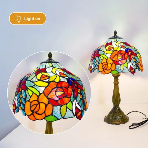 Vista 2 de Tiffany - Lámpara de mesa estilo rosas multicolor, lámpara de mesa con vitrales de 12 pulgadas de alto de 19 pulgadas, mesita de noche, mesita