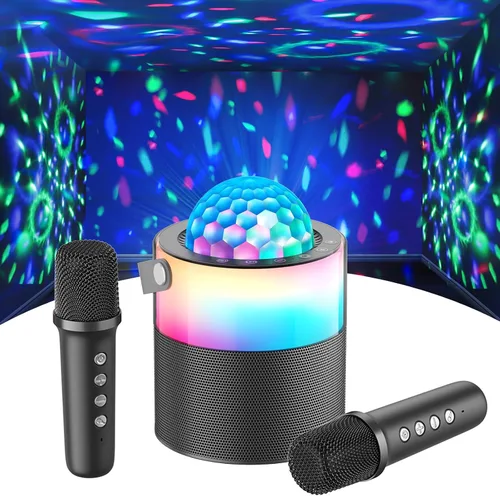 Vista 9 de Máquina de karaoke para niños, altavoz Bluetooth portátil con micrófono inalámbrico y luces LED, efectos de voz mágicos, para niñas, fiesta en casa