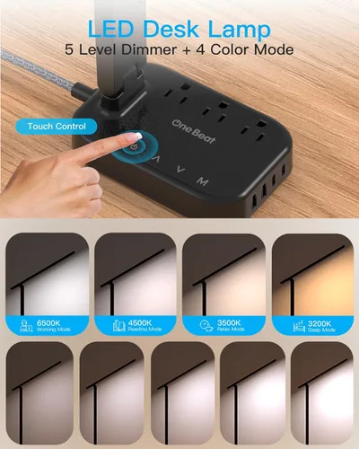 Vista 3 de One Beat Pequeña lámpara LED de escritorio, cable de extensión de 5 pies con 3 tomas, 4 puertos USB (2 USB C), 4 modos, lámpara táctil de 5 niveles