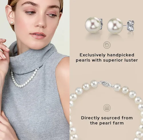 Vista 4 de The Pearl Source Juego de collar y aretes de perlas blancas de agua dulce para mujer, collar de hilo de perlas de oro de 14 quilates, collar