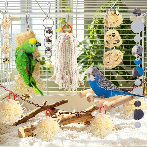 Vista 5 de QUOZUO 9 piezas de juguetes de loro, periquito para pájaros, accesorios para jaula de pájaros, cuerda de columpio, perca de madera, juguetes