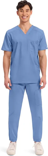 Vista 6 de Cherokee Camisa quirúrgica para hombre con cuello en V para meter dentro, un bolsillo en el pecho, ranura para bolígrafo, tela ultra suave
