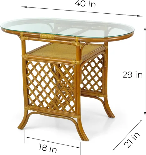 Vista 5 de Borneo - Juego de mesa de comedor compacto con tapa de cristal + 2 sillas, muebles coloniales hechos a mano de mimbre natural