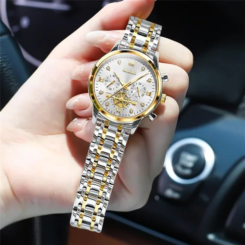 Vista 7 de OLEVS Reloj multifuncional de dos tonos para mujer, reloj analógico de cuarzo para mujer, de acero inoxidable, resistente al agua, con diamantes