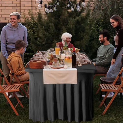 Vista 7 de Falda de mesa gruesa de elastano 2 en 1 y funda de 6 pies, mantel rectangular ajustable con falda plisada, mantel rectangular sin arrugas para Negro