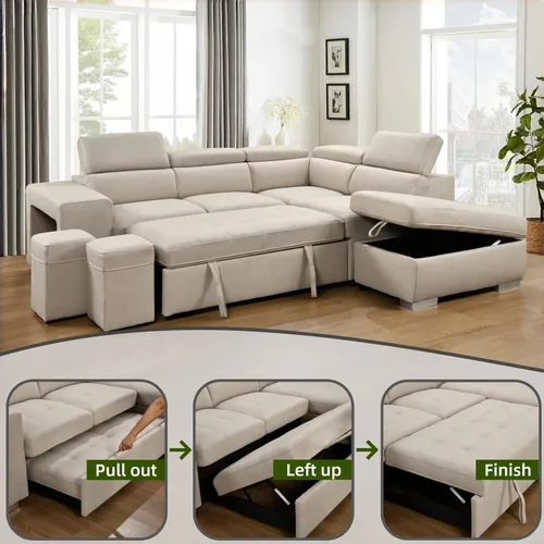 Vista 7 de THSUPER Sofá Seccional Reclinable en Forma de L de Microfibra de 104'', Sofá Cama con Cama Extraíble y Otomana de Almacenamiento, Sofás Convertibles