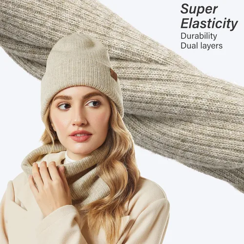 Vista 5 de Gorro de invierno para mujer, conjunto de calentador de cuello, gorro de punto cálido, bufandas infinitas para mujeres y hombres