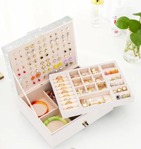 Vista 8 de QBestry Organizador de aretes de tuerca para niñas, caja organizadora de joyas, caja de aretes para niñas, caja de joyería para niñas, organizador