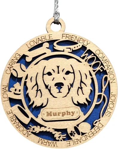 Vista 173 de Adorno de Navidad personalizado para perro Cavalier King Charles Spaniel, redondo de 3 pulgadas, madera cortada con láser de 2 capas, nombre y texto