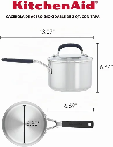 Vista 2 de KitchenAid - Sartén de acero inoxidable de inducción con tapa, olla de 2 cuartos de galón Brushed Stainless Steel, 2qt Saucepan with Lid, Small
