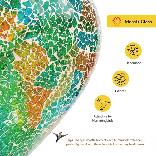 Vista 4 de Comedero solar LED para colibríes para exteriores, 40 onzas, mosaico de vidrio verde azulado, botella de néctar de colibrí colgante con 4 estaciones