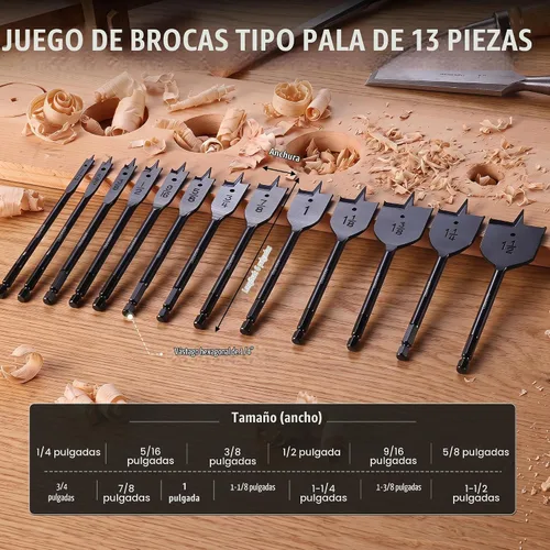 Vista 4 de WORKPRO 13-Piece Spade Drill Bit Set, 1/4" to 1-1/2", Black Negro